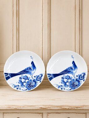 Pair of Royal Delft Peacock Symphony Blue and White Delfware Plates
